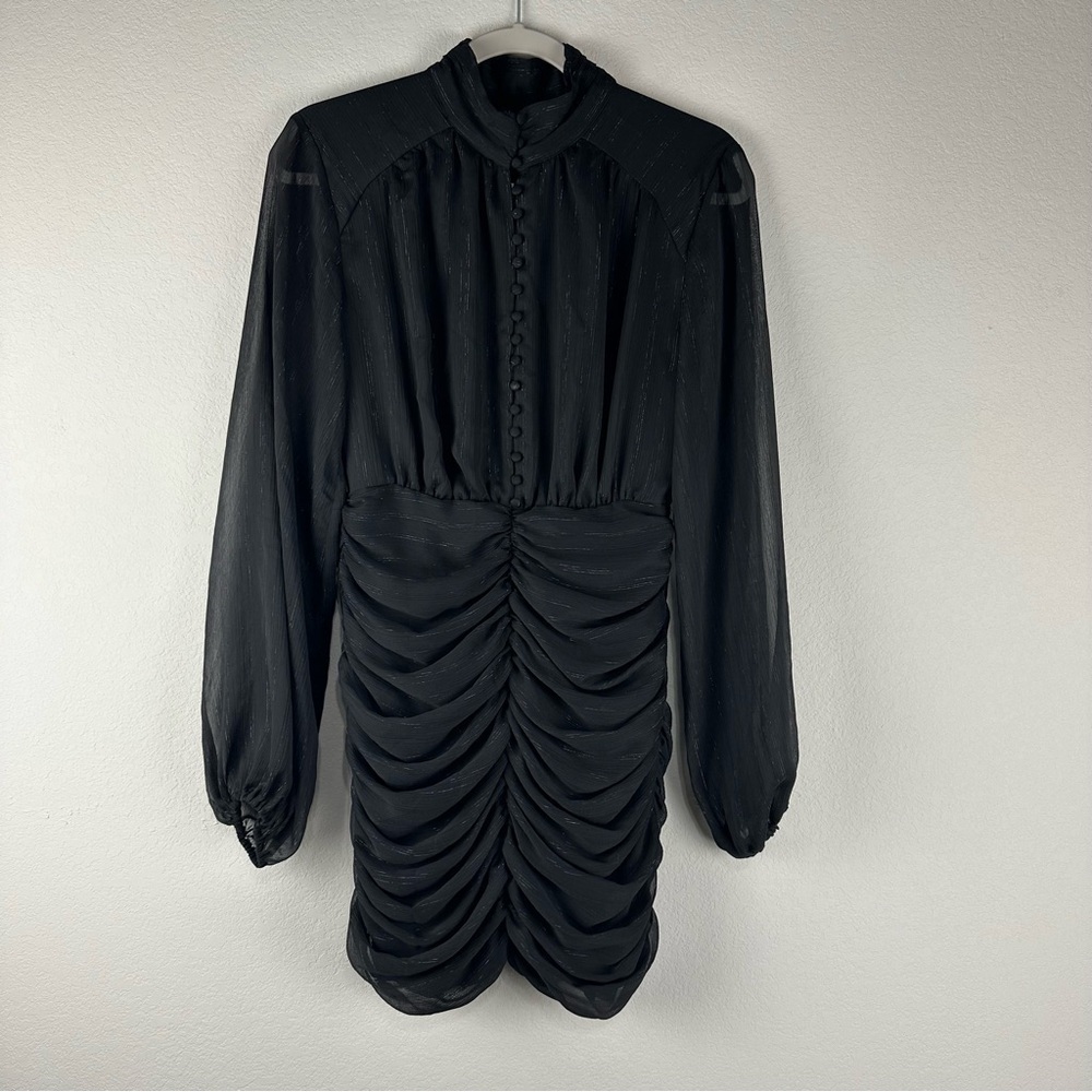 House of Harlow 1960 Black Sheer Long Sleeve Mock Neck Ruched Mini Party Dress 4